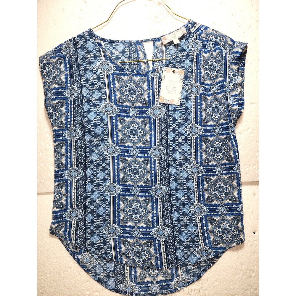 Pink Rose Vintage Top Women Small Blue Printed Round Neck Blouse Sleeveless